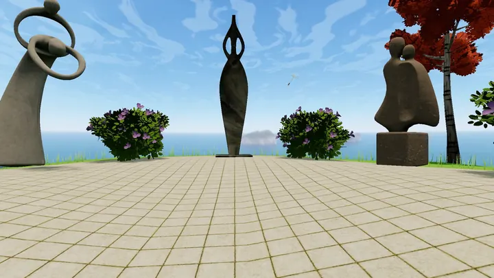 Stone sculptures on a sunny terrace by the sea